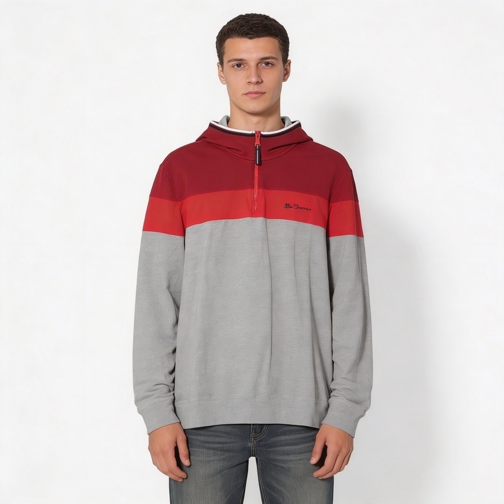 Ben Sherman Men's Quarter Zip Colorblock Pullover Sweatshirt Red/Gray L Top